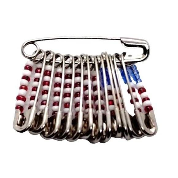 US Flag Patriotic Seed Bead Safety Pin Brooch Americana Appreciation - Picture 2 of 3